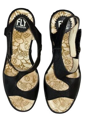 Fly London Black Leather Open-Toe Slingback Sandals Sz 39